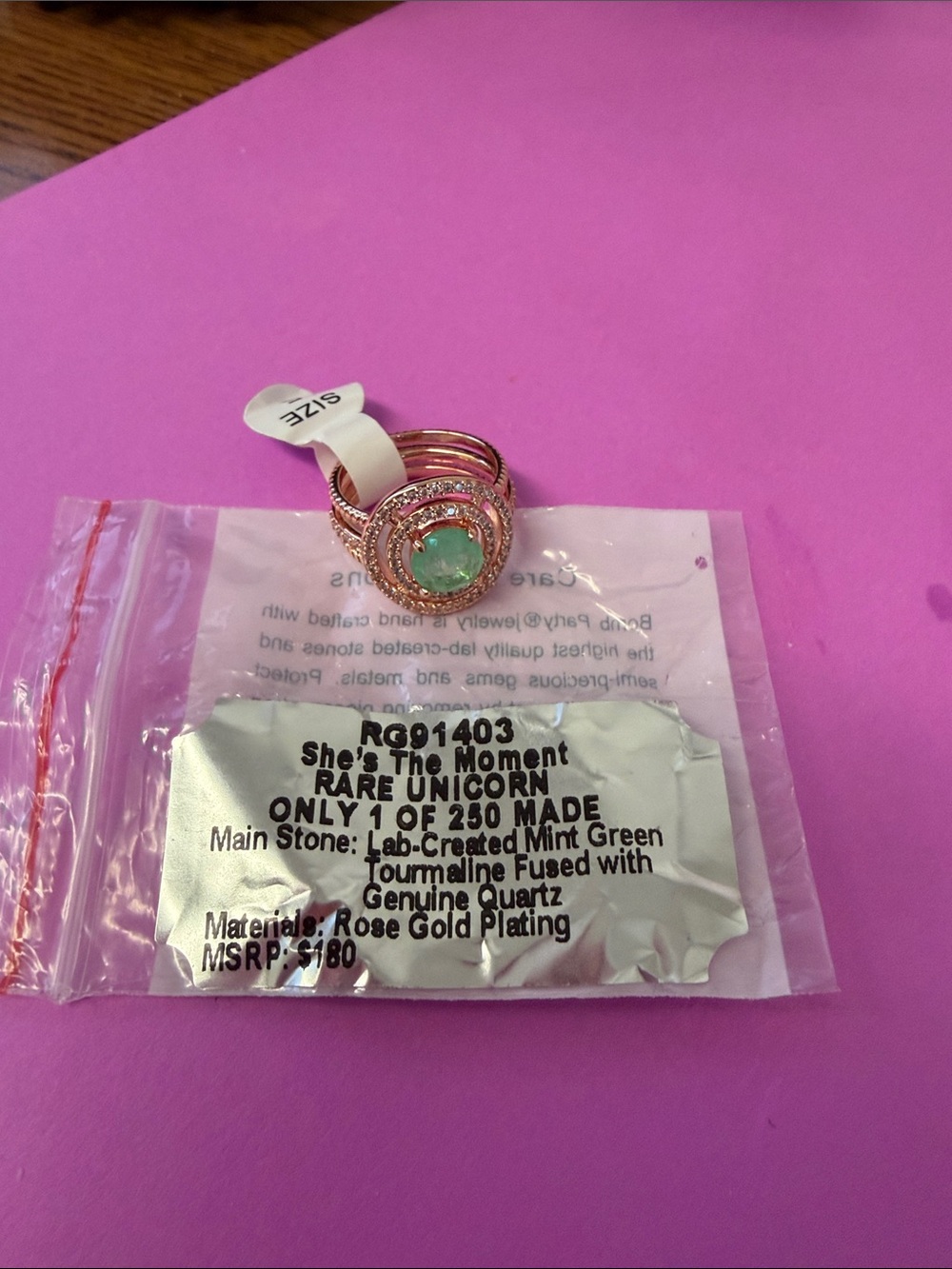 Bomb Party She’s The Moment Mint Green Stone Rose Gold Ring rare unicorn